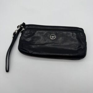 Coach Black Leather Wristlet Clutch Bag Colorful Striped Interior